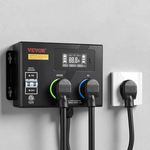 Top Tier EV Charger Splitter Switch Nema 14 30 Straight Up Reliable Dual Outlet Power Hub controls EV charging with two ports on a wall.