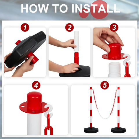 Step-by-step installation guide for Nine Pack Traffic Delineator Cones With Base Set Red Plastic Safety Cones and chain barriers.
