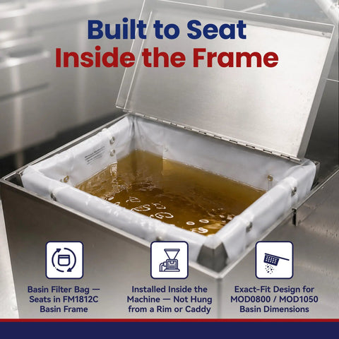 Heavy Duty Reusable Fryer Oil Filter Bag With Micro Mesh Strainer For Restaurant Kitchens Keeps Grease Crisp And Saves Serious Dough On Cooking Oil For MOD0800 Machines inside stainless steel basin, designed for exact fit.