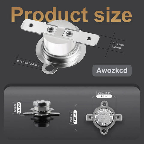 Dimensions and details of KSD301 125V 16A Thermal Cutoff Switch Normally Closed NC with 150C Off and 130C On for appliances.