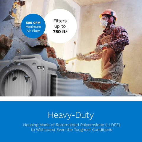Stackable Portable Air Scrubber And Negative Air Machine With Heavy Duty 3-Stage Filtration in use filtering dust on construction site.