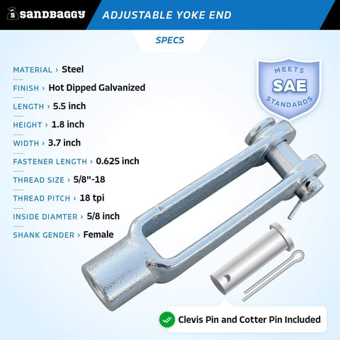 Beefy 5/8-18 Adjustable Yoke End With Galvanized Threaded Clevis, Pins Included, Built For Heavy Duty Lifting And Rigging