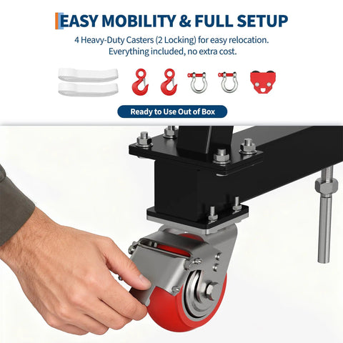 Built Like A Tank Adjustable Gantry Crane 2 Ton 4400 Lbs Capacity heavy-duty caster wheel with locking mechanism for easy mobility.