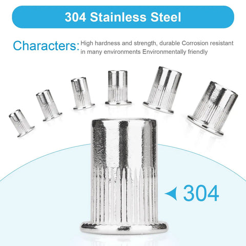 Top Shelf Heavy Duty 1/4 Inch 20 Thread Rivet Nuts, 100 Piece 304 Stainless Steel Flat Head Nutserts, Built Tough Corrosion Resistant Threaded Inserts For Garage And Mechanic Work in various sizes.