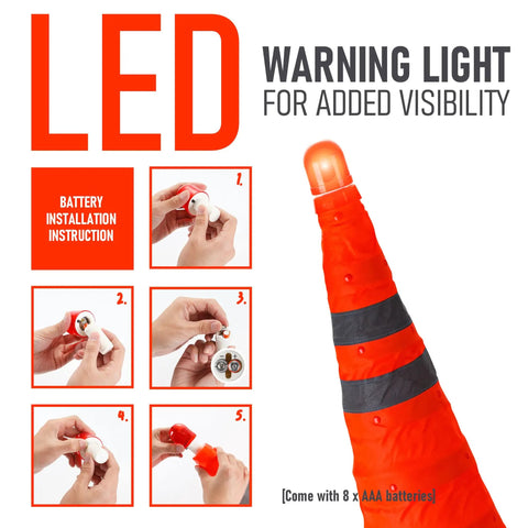 Four Pack 28 Inch Collapsible LED Light Traffic Cones With Reflective Safety Pop Up Design Battery Included