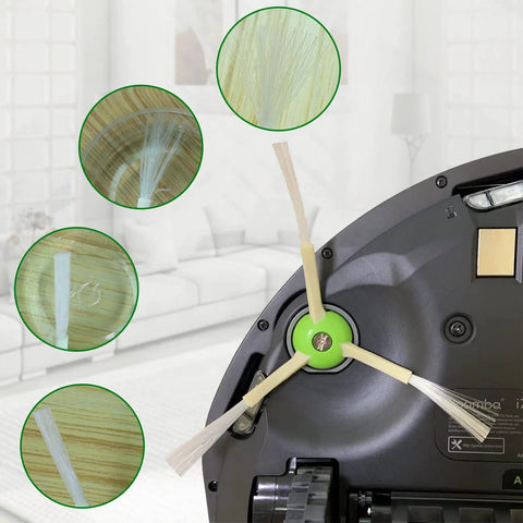 All-In-One Roomba Replacement Brush Kit With Multi-Surface Rubber Brushes, Three HEPA Filters And Six Edge-Sweeping Parts For I7, I7 Plus, E5, E6 Vacuum Cleaners Easy Snap-In Upgrade shown in a living room setting