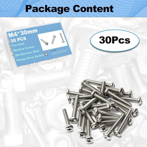 M4x30mm Stainless Steel Pan Head Phillips Machine Screws 0.7mm Pitch 1.18 Inch Fully Threaded Bolts For Cabinet Doors And Furniture Pack Of 30