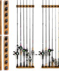 Vertical Wooden Fishing Rod Holder Set 2 Pack, Wall Mounted Rod Rack with rods displayed, garage storage solution