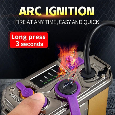 Close-up of arc ignition feature on Beast Mode Bright 90000 Lumen Hunting Headlamp, showing battery box display with percentage levels.