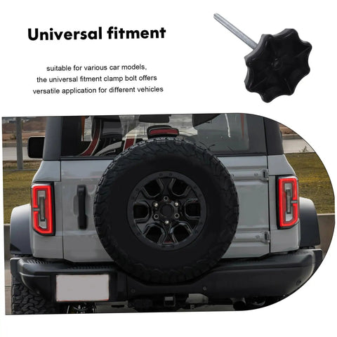 Spare Tire Hold Down Bolt For Most Cars Universal Fitment No Hassle Easy Installation shown on rear of vehicle with tire mount