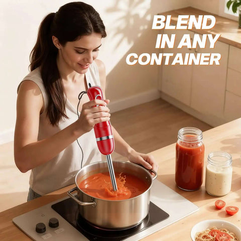 Active woman using a Heavy Duty Corded Immersion Blender With Badass 400 Watt Copper Motor to blend soup in a pot.