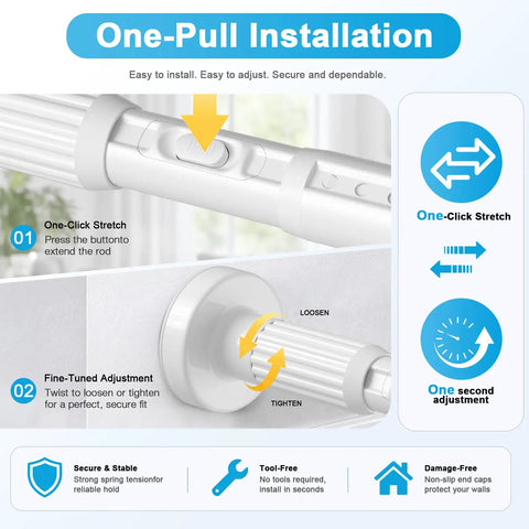 Diagram showing installation of Extra Long No Drill Tension Curtain Rod Extends From 40 To 166 Inches, highlighting one-touch lock.