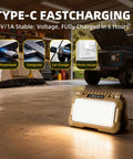 Ultra Bright 1500 Lumen Folding LED Camping Lantern With USB C Rechargeable Power shown in garage next to tent and vehicle.