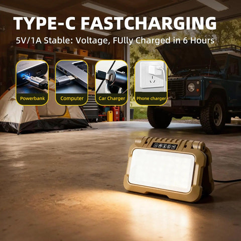 Ultra Bright 1500 Lumen Folding LED Camping Lantern With USB C Rechargeable Power shown in garage next to tent and vehicle.