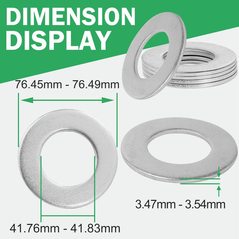 Dimension display of one and a half inch stainless steel flat washers with three inch outside diameter made from 304 stainless steel.