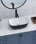 Round Vessel Sink 16x16 Inches For Bathroom Above-Counter Ceramic Basin, Dope Modern Black Or White Vessel Sink placed on marble countertop.