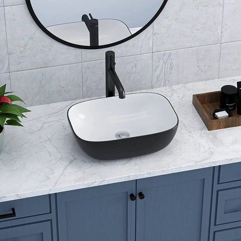 Round Vessel Sink 16x16 Inches For Bathroom Above-Counter Ceramic Basin, Dope Modern Black Or White Vessel Sink placed on marble countertop.