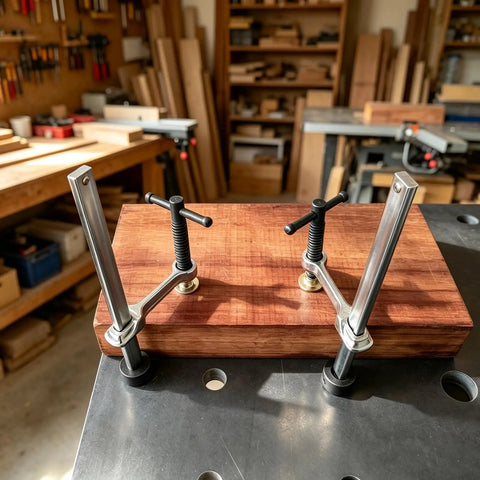 Heavy Duty 3.2 Inch Throat Depth Welding Clamps With Solid Chromium Vanadium Steel Grip securing wood on a workbench.