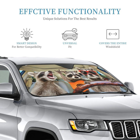 Three Funny Raccoons Windshield Sun Shade For Car SUV Truck 51x27.5 Inches covering front window of a vehicle for heat protection.