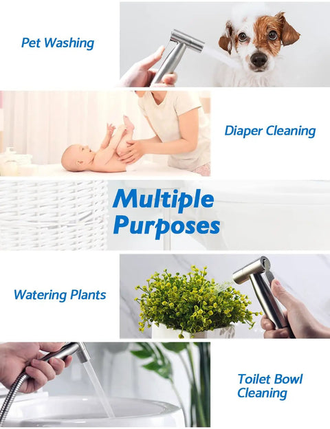 Toilet Bidet Sprayer Kit Handheld With Adjustable Jet Spray; uses include pet washing, diaper cleaning, watering plants, toilet cleaning.