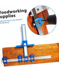 Straight Shot Precision Adjustable Woodworking Jig For Cabinet Hardware Portable Hole Punch Locator on wood surface with drill.