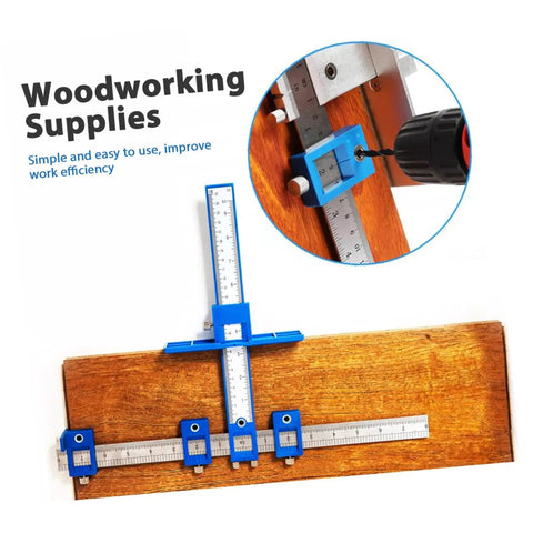 Straight Shot Precision Adjustable Woodworking Jig For Cabinet Hardware Portable Hole Punch Locator on wood surface with drill.