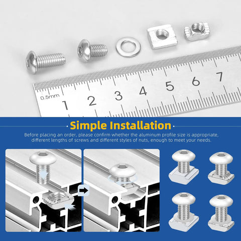 Kickass M5 T Slot Nuts And Button Head Socket Cap Screws Kit For 2020 Aluminum Extrusion shown with screws, nuts, and washers on a ruler.
