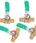 Straight Shooter 1/4 Inch Brass Ball Valve Four Pack with green handles for hot and cold water plumbing setup.