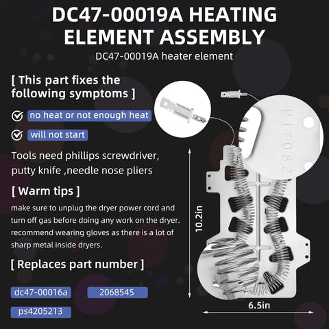 Upgraded DC47-00019A Dryer Heating Element Replacement For Samsung Dryers showing dimensions and replacement part numbers