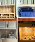 Double Display Case Sliding Door Track With Rollers Aluminum Rail System For Small Glass Cabinets And Drawers Black Finish 4 Feet Length Beefy Built To Last High Capacity Up To 20 kg Load Durable Aluminum Alloy Hardware Kit shown in various setups including a wooden cabinet, poultry brooder, and glass door