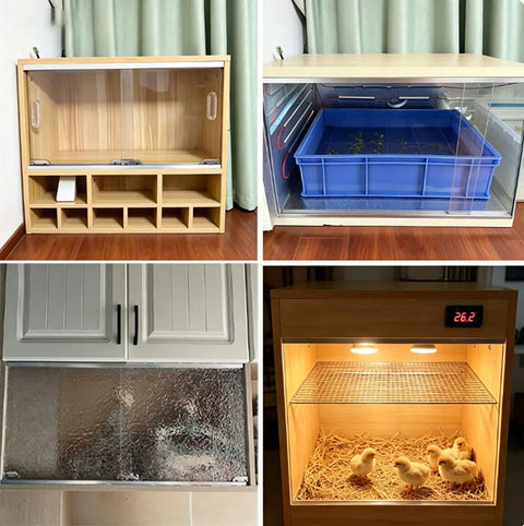 Double Display Case Sliding Door Track With Rollers Aluminum Rail System For Small Glass Cabinets And Drawers Black Finish 4 Feet Length Beefy Built To Last High Capacity Up To 20 kg Load Durable Aluminum Alloy Hardware Kit shown in various setups including a wooden cabinet, poultry brooder, and glass door