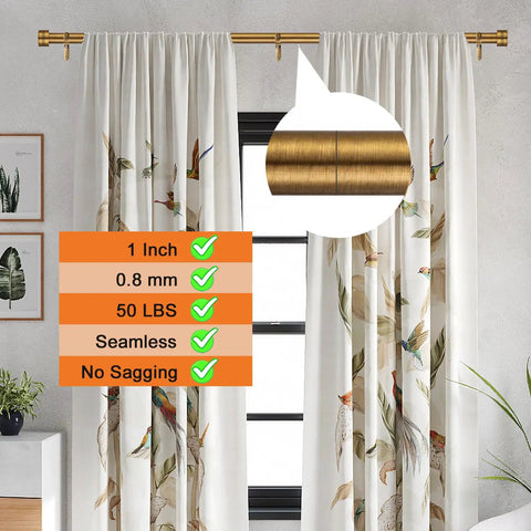 Antique Brass Curtain Rod Kit 18 To 88 Inches Adjustable One Inch Diameter Built To Last Drapery Pole installed on window
