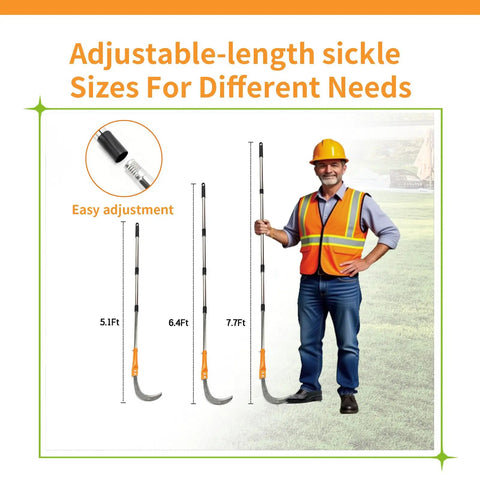 Adjustable Long Handled High Branch Weeding Sickle With Stainless Steel Blade, shown in various lengths with a person for scale.