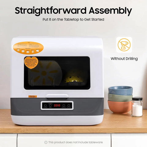 Compact 800W Portable Countertop Dishwasher With Three Heavy Duty Wash Cycles Plus Fruit Scrub Mode Perfect For Tiny Apartments on a wooden table.