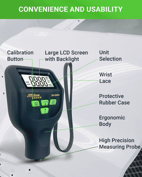 Automotive Paint Thickness Gauge For Car Panels, High Resolution Coating Meter From 0 To 59.1 Mils Or 1500 Micrometers, 0.01 Mil Resolution To 0.1 Micrometers, Fe NFe Zn Auto Detection, Auto Calibration, Ideal For Door Hood Roof And Body Panels, black handheld meter with LCD and strap