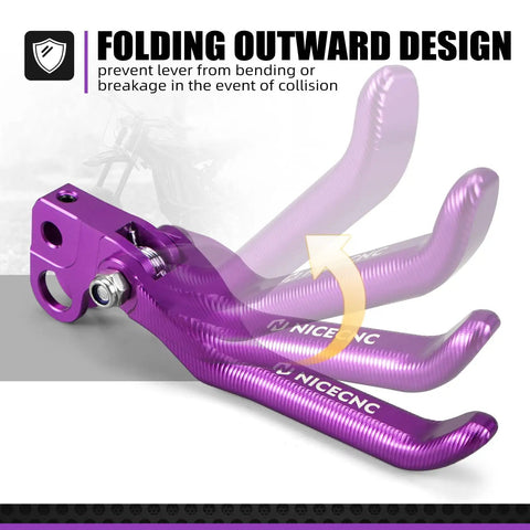 Foldable Front And Rear Brake Levers For Surron Light Bee X S L1E And Segway X160 X260 6061 Aluminum CNC Adjustable Clutch Levers With Durable Fold Design In Purple Finish showing folding mechanism.