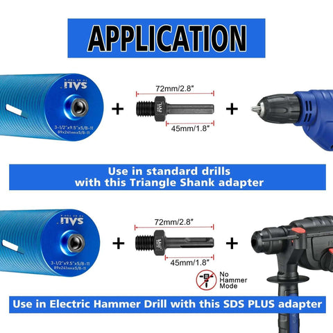 SALI diamond core drill bit, 2.5-inch, 10-inch depth, 5/8-11 thread, laser-welded segments; includes two adapters