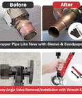 Before and after view using 6 Piece Plumbing Tools Kit With Angle Stop Wrench Half Inch Compression Sleeve Puller Sandpaper And Storage Bag