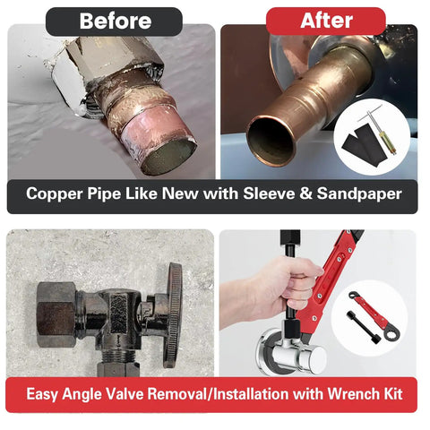 Before and after view using 6 Piece Plumbing Tools Kit With Angle Stop Wrench Half Inch Compression Sleeve Puller Sandpaper And Storage Bag