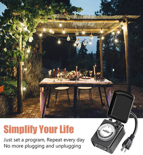 Outdoor Light Timer With Dual Outlets Waterproof 24 Hour Programmable Mechanical Timer Plug In 6 Inch Extension Cord Half HP ETL Listed Daily Repeat 15 Minute Intervals For Holiday Lights And Patio Decor