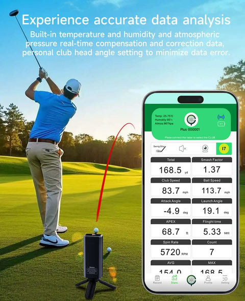 Golfer using Golf Launch Monitor Pro X1 Plus For Home And Training, Real Time Swing Analysis With Spin Rate Spin Axis And Swing Speed