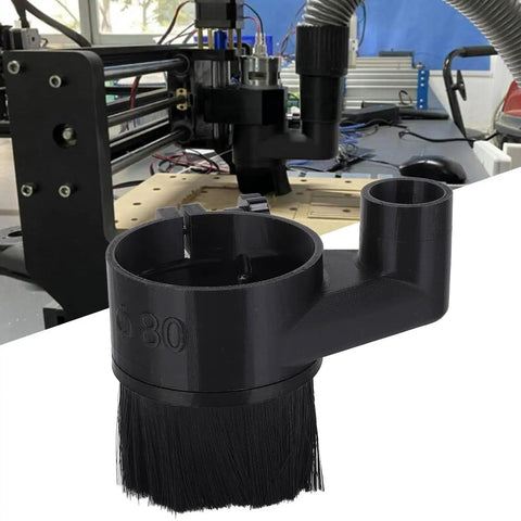 Dust Shoe Cover For CNC Router 80mm Spindle With Magnetic Suction shown in close-up, black plastic with a detachable brush.