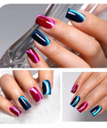 Two Color Cat Eye Magnetic Gel Polish Set 10ml Each In Deep Teal Blue And Fuchsia Rose Red HEMA Free Metallic Shimmer