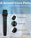 Image showing dual-wireless mic features from All In One 150W Karaoke Machine With Dual Wireless Mics Portable Party PA System.