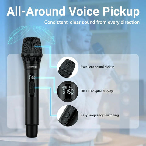 Image showing dual-wireless mic features from All In One 150W Karaoke Machine With Dual Wireless Mics Portable Party PA System.