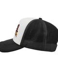 Side view of a breathable mesh trucker cap for men and boys, adjustable back buckle, lightweight all day comfort, with mesh paneling