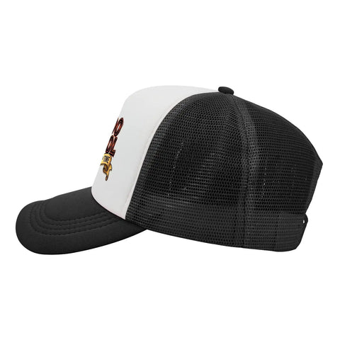 Side view of a breathable mesh trucker cap for men and boys, adjustable back buckle, lightweight all day comfort, with mesh paneling