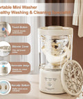 Portable Mini Washing Machine Rechargeable Underwear Cleanser And Makeup Brush Washer Built Different Slick Design showing touch buttons and removable design.