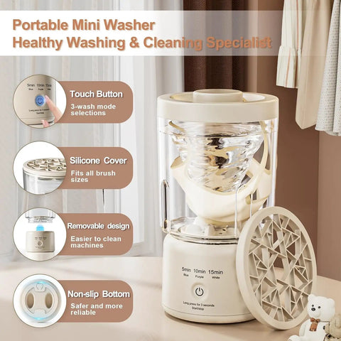 Portable Mini Washing Machine Rechargeable Underwear Cleanser And Makeup Brush Washer Built Different Slick Design showing touch buttons and removable design.