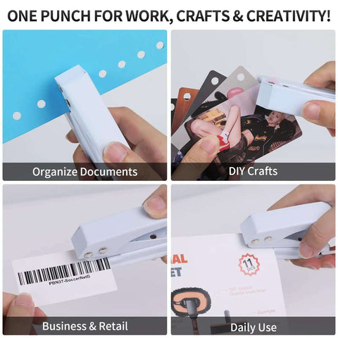 Heavy Duty 1/4 Inch Single Hole Paper Punch For Crafts And Office Use shown organizing documents, crafting, retail, and daily tasks.